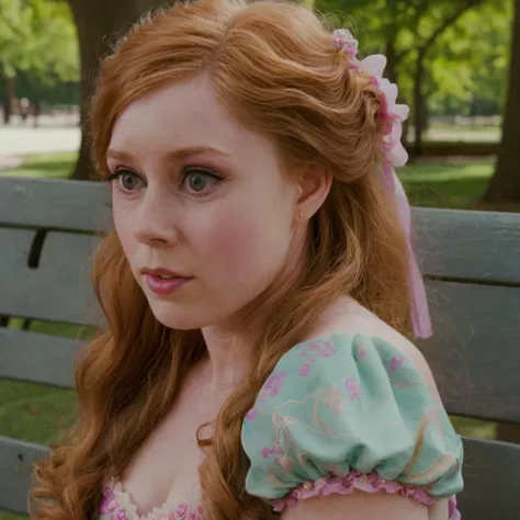 amyadams sitting on a park bench, wearing a princess dress, close up, f/1.8 50mm photo <lora:amyadams:1>