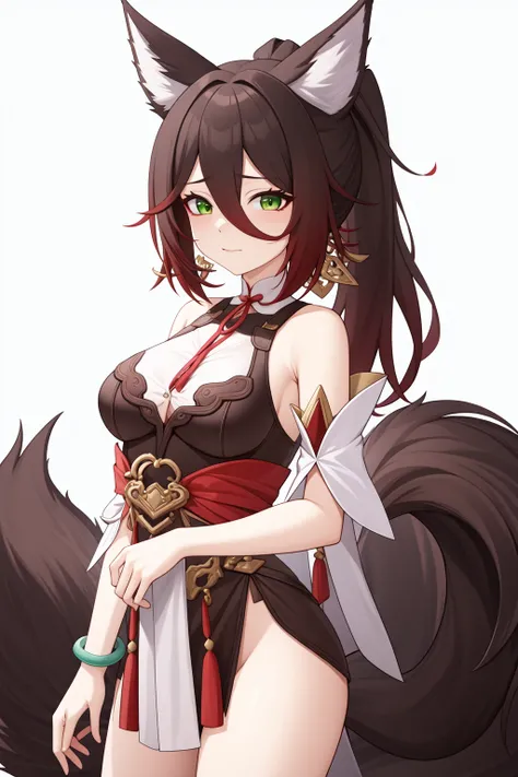 <lora:åäº:1:lbw=char>,tingyun,animal ears,green eyes,breasts,brown hair,tail,hair between eyes,fox ears,jewelry,animal ear fluff,ponytail,long hair,fox tail,bracelet,, 1girl,
,  (masterpiece,best quality:1.2),absurdres