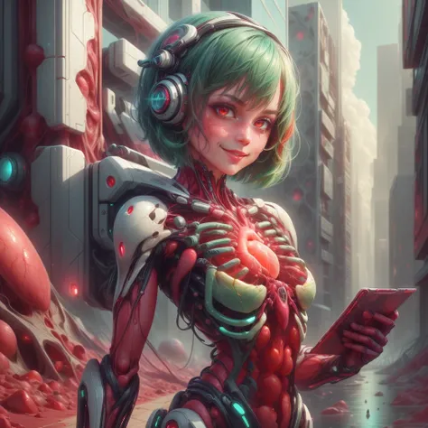 <lora:add_detail:0.8>, 
 <lora:VascularTech-20:0.85>, VascularTech, scifi, inner glow, bones , 
closeup, small breasts, seductive smile, best quality, bob cut, red eyes, green hair,multicolored hair, aqua hair, 1girl, standing in a scifi city, holding a ta...