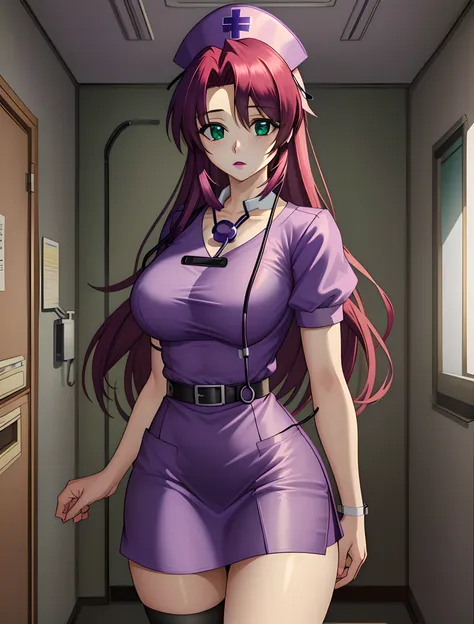 ((masterpiece, best quality, high quality)),1girl, ((uncropped,lower body, hospital)), <lora:Purple Nurse:0.6> (purple_nurse_cst, stethoscope, nurse, nurse cap, purple headwear, purple dress, jewelry), <lora:YuuMikihara:0.7> (yuumikihara, red hair, 1girl, ...