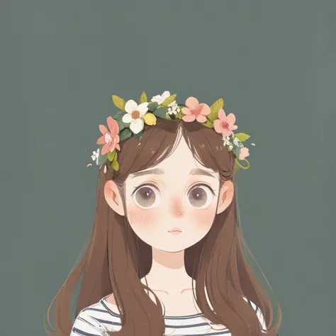 girl, cartoon, illustration, portrait, brown hair, flower crown, striped shirt, big eyes, cute