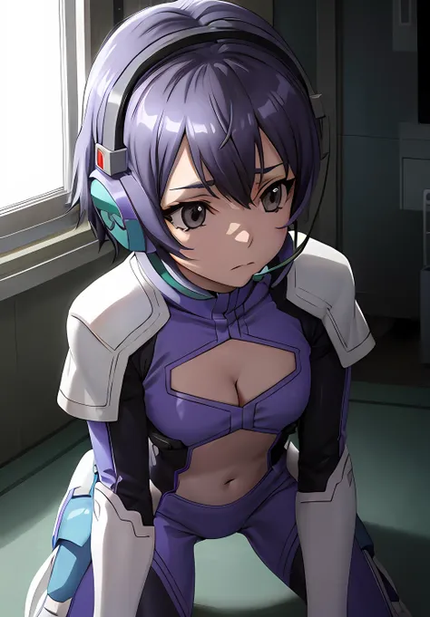 <lora:CrossAngeRondo:0.6>, CrossAngeRondo, Coco, solo, short hair, gloves, navel, animal ears, cleavage, closed mouth, purple hair, small breasts, indoors, grey eyes, clothing cutout, bodysuit, fake animal ears, headphones, looking down, helmet, all fours,...