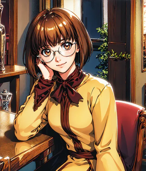 masterpiece, high res, detailed face, detailed eyes, anime screencap, 1 girl, slender, glasses, sitting, removing glasses, looking at the viewer, blushing, smile, short hair, brown hair, yellow dress, indoors, full body, tavern, medieval, cowboy shot   <lo...