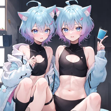 Linechu,  a boy with blue hair and cat ears, mildly chubby, wearing a black top <lora:Linechu6_nai_cosine_512:1>, flat chest