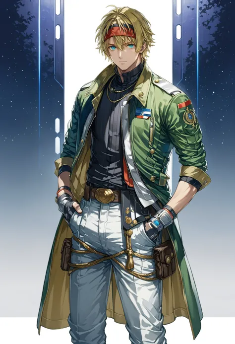 <lora:yukihiro_kajimoto_so2r_xl:1> star ocean, claude_kenny, 1boy, black_shirt, blonde_hair, blue_eyes, denim, fingerless_gloves, full_body, gloves, hand_on_hip, headband, military uniform, green jacket, male_focus, open_clothes, open_jacket, pants, shirt,...