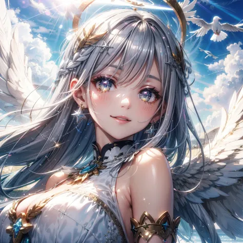 light particles, (glow light:1.2),(1 angel girl:1.2),26yo,cool, adult face,beautiful face, (close up on face:1.1),(medium small breast:1.1),(huge angel wings:1.2),(wild smile:1.2), silver long hair, silver color eyes, detailed eyes, (huge bright halo:1.2),...