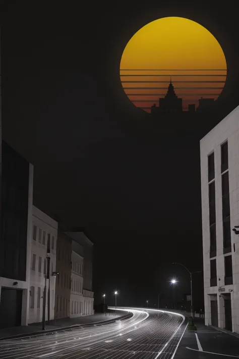 white city street, striped sunset, dark background, (big full moon:0.6), glow
<lora:vaporwave:1>