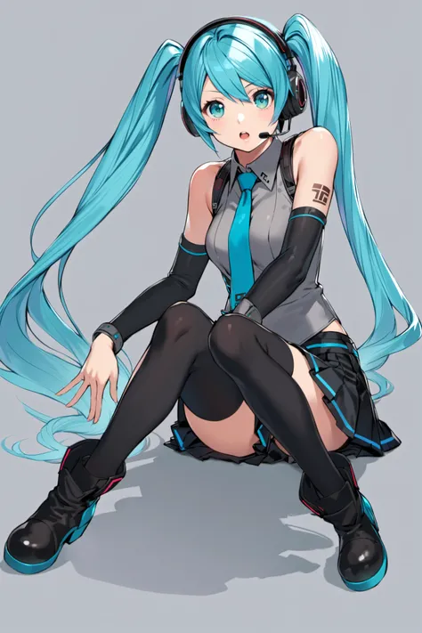 long hair, 1girl, hatsune miku, skirt, solo, twintails, thighhighs, detached sleeves, very long hair, necktie, sleeveless shirt, sitting, shirt, sleeveless, aqua hair, grey shirt, black skirt, pleated skirt, thigh boots, collared shirt, boots, open mouth, ...