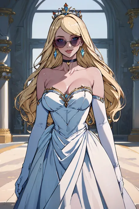 ((masterpiece,best quality,edgQuality)),(smile:0.8),
edgHauteCouture, a woman in a dress,wearing edgHauteCouture
 <lora:edgHauteCoutureIV:1>
<lora:Anime_Nadia:0.5> blonde, nadia, nadia_face, nadia_body, choker, sunglasses,elbow gloves,crown