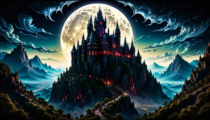 a masterful digital fantasy artwork, a dark tall and gothic vampire castle sits atop a creepy mountain spire, moonlit, night, masterpiece, 8k, award winning, high quality, best quality, cinematic, extremely detailed, intense lighting, epic, in the style of...