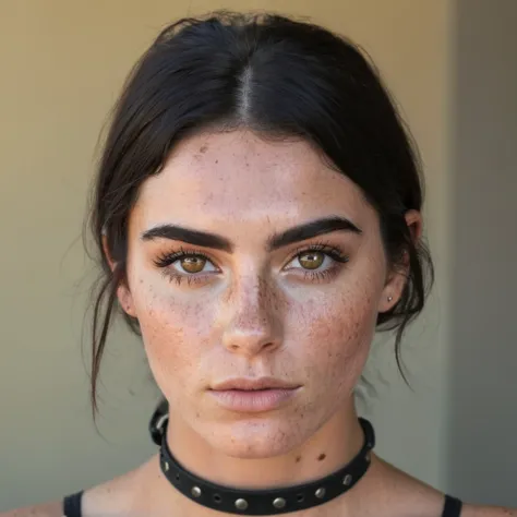 <lora:90b28ae8f5:0.7> woman with dark hair and thick eyebrows  with extreme freckles wearing a choker he has natural-looking ski...