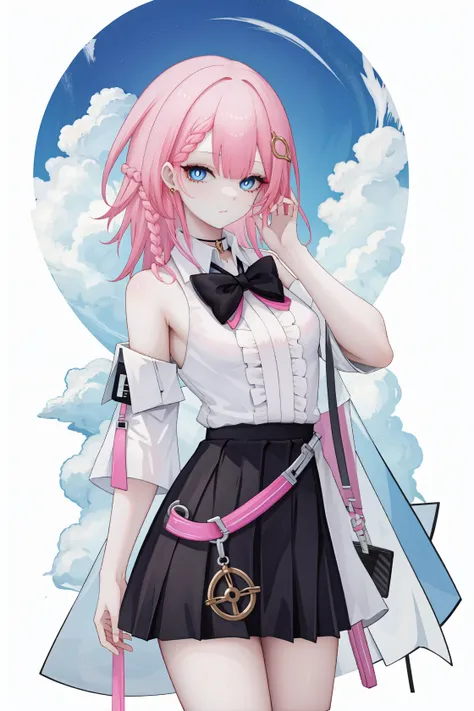 <lora:è¾ä¸å¦²-000010:0.8:lbw=char>,asta,blue eyes,braid,bangs,hair ornament,pink hair,shirt,bow,skirt,white shirt,sleeveless,black skirt,black bow,bowtie,, 1girl,
,  (masterpiece,best quality:1.2),absurdres