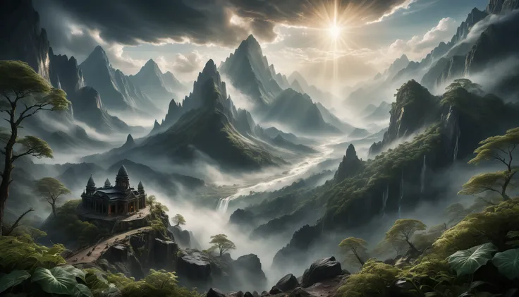 A breathtakingly detailed photograph of a vast mountainscape showcasing a magnificent display of god rays piercing through the dense peaks, converging towards the viewer. The scene is enveloped in a subtle, ethereal mist, adding to the mystique of the land...