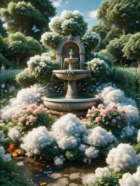 ais-cloudz ornate fountain in a lush garden, surrounded by blooming flowers and butterflies <lora:Cloudz_Style_SDXL:1>