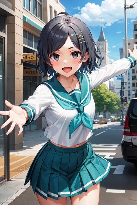 masterpiece, best quality, highres, aakomachi, short hair, ahoge, black eyes, hairclip, x hair ornament, serafuku, collarbone, sailor collar, aqua neckerchief, white shirt, long sleeves, aqua skirt, <lora:hikigaya_komachi_v1:0.7>, reaching out, outstretche...