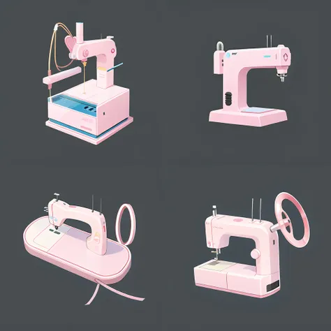 a pink sewing machine with a blue ribbon on its side and a blue bow on the side, simple_background, ribbon, weapon, grey_background, no_humans, phone, cellphone, blue_ribbon, black_background, smartphone, still_life, objectification,(top quality, best qual...