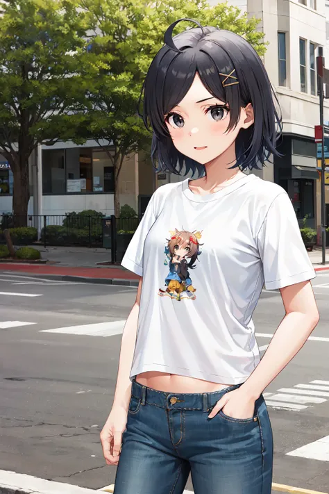 masterpiece, best quality, highres, aakomachi, short hair, ahoge, black eyes, hairclip, x hair ornament, <lora:hikigaya_komachi_v1:0.7>, white shirt, t-shirt, short sleeves, midriff, jeans, hand in pocket, street, standing,