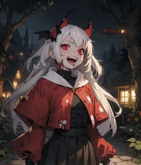 best_quality,Raw,illustration,official art,(muted color,partially colored:0.8),detailed linear hatching(texture),recolored,flat color,night,1girl,vampire,lovely,16yo,cobe,bloody teeth,laughing,forest