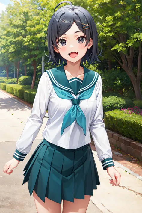 masterpiece, best quality, highres, aakomachi, short hair, ahoge, black eyes, hairclip, x hair ornament, serafuku, collarbone, sailor collar, aqua neckerchief, white shirt, long sleeves, aqua skirt, <lora:hikigaya_komachi_v1:0.7>, standing, cowboy shot, ou...