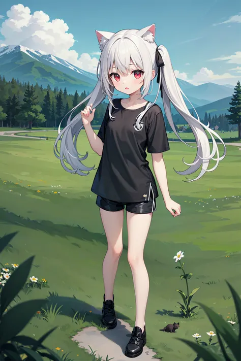 (((masterpiece))), best quality, illustration, 1girl with light white long hair, beautiful detailed red eyes, light white long straight hair, (cute), (petite), slim, solo, solo focus, standing, full body, cat ears, twintails, pure black shirt, shorts, sky,...