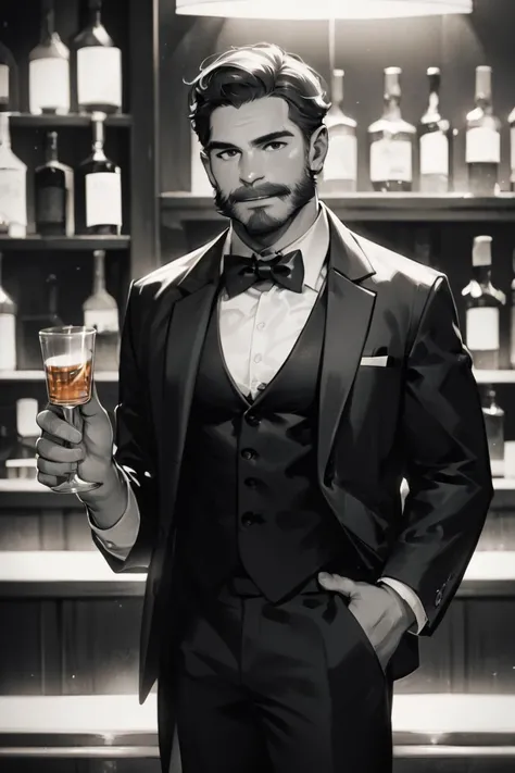 score_9, score_8_up, score_7_up, score_6_up, score_5_up, score_4_up, 1boy, male focus, facial hair, solo, bowtie, mustache, bow, monochrome, formal, cup, looking at viewer, vest, drinking glass, suit, beard, holding, whiskey, greyscale, jacket, alcohol, bl...