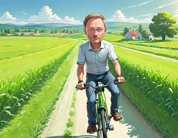 (cartoon image:1.0), christianlindner, riding a bike, green fields, sunny day, cartoon, 2D