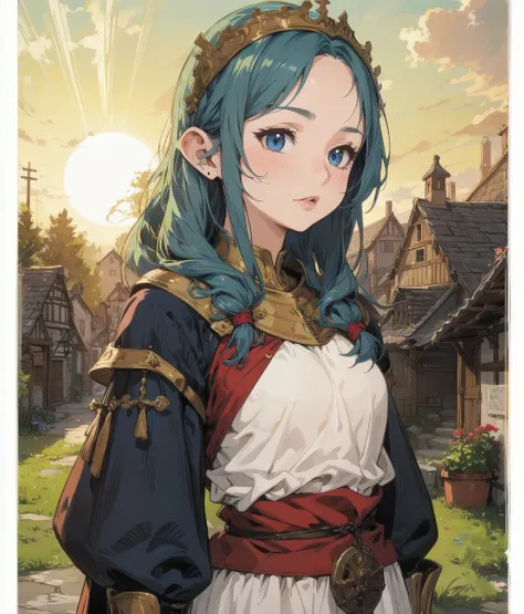 best_quality,Raw,illustration,official art,(muted color,partially colored:0.8),detailed linear hatching(texture),recolored,flat color,sunny,(1girl,27yo,bard,medieval_fantasy,village,upper body ),