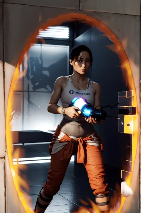 p2chell,  upper body, holding a portal gun, orange pants, testing chamber, round door, orange portal, 3d <lora:Chell_Portal_2:0.8>