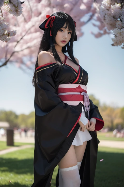 ltra-detailed,highly detailed,best quality,masterpiece,illustration,realistic,photorealistic,
1girl, solo, cosplay, 
yaya, yaya-kimono, kimono, japanese clothes, halterneck, black kimono, thighhighs, zettai ryouiki, ribbon, 
cowboy shot, looking at viewer,...