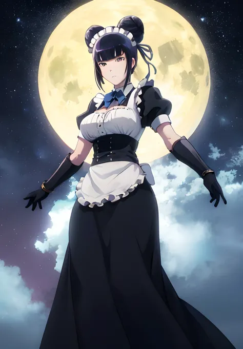 <lora:Overlord:0.8>, Overlord, Narberal, solo, looking at viewer, smile, blue eyes, skirt, large breasts, simple background, black hair, hair ornament, red eyes, thighhighs, gloves, dress, bow, ribbon, cleavage, brown eyes, closed mouth, standing, full bod...