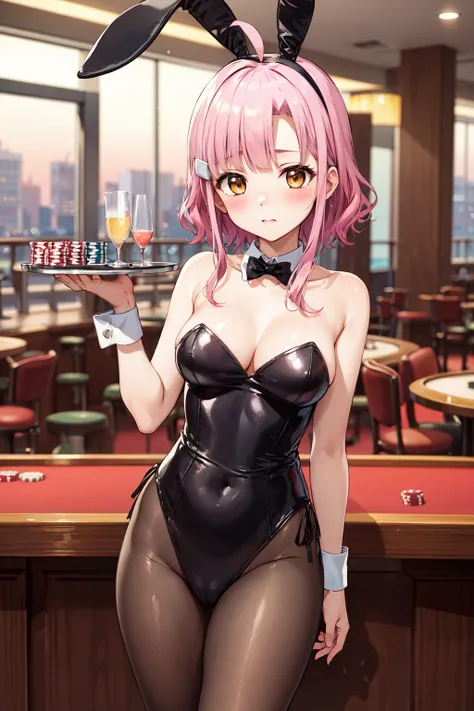 masterpiece,best quality,highres,ultra-detailed,sakura megumi,ahoge,long hair,hairclip,<lora:sakura_megumi:0.8>,rabbit ears,playboy bunny,casino,holding tray,embarrassed,blush,standing,