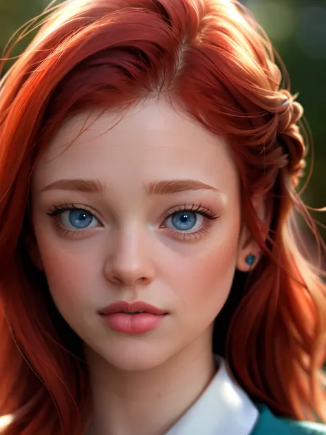 Realistic photo of a beautiful s4r4hs woman,1girl,solo,long hair,looking at viewer,blue eyes,red hair,parted lips,teeth,blurry,lips,portrait,close-up,realistic,nose, soft lighting, professional Photography, Photorealistic, detailed, RAW, analog, sharp focu...