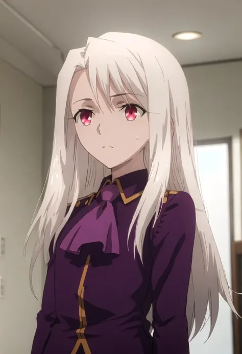 best quality, masterpiece, highres, solo, {illyasviel_von_einzbern_fatestaynightufotable:0.90}, 1girl, parody, upper_body, ascot, anime_coloring, purple_shirt