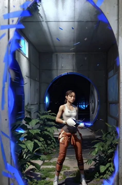 p2chell, 1girl, upper body, ponytail, white tank top, holding a portal gun, outdoor overgrown testing chamber falling apart , standing in front of blue portal <lora:Chell_Portal_2-000014:0.9>