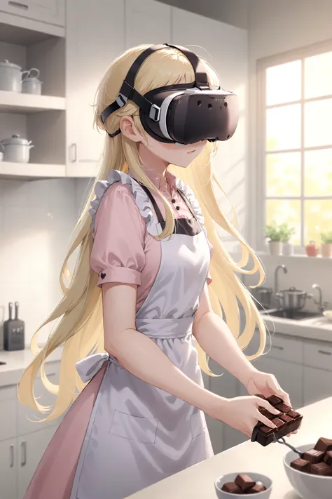 anime, pastel colors, girl, wearing (vr goggle:1.2), HTC Vive, blonde hair, long hair, kitchen, cooking, chocolate, apron, bokeh, depth of field