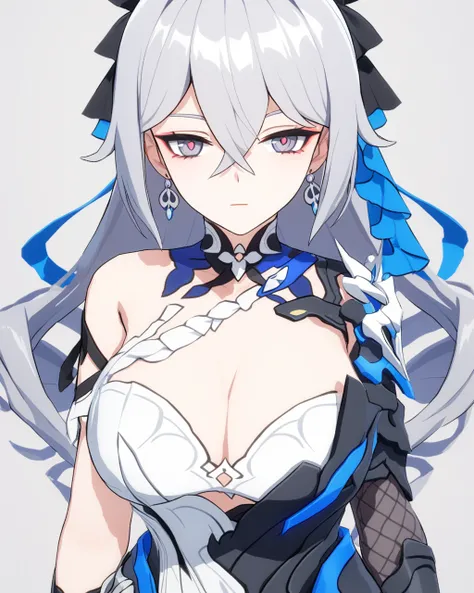 masterpiece, best qualityï¼ <lora:mmd:1>ï¼mmd, 1girl, bronya zaychik, breasts, solo, long hair, cleavage, grey hair, grey eyes, closed mouth, earrings, bangs, jewelry, dress, bare shoulders, sleeveless, hair between eyes, single pauldron, looking at view...