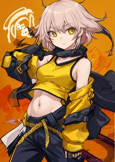 1girl, miko_kubota, yellow shirt, off shoulder, navel, pants, sweater around waist, fingerless gloves,