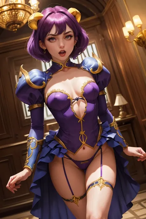 zrpgstyle, ba1ser, purple hair,  hands behind back, elaborate, ornate, standing in an exquisite manor home, (masterpiece:1.3) (best quality) (detailed) (8k) (HDR) (cinematic lighting) (sharp focus) (intricate) ( dutch angle, foreshortening, motion blur, bl...