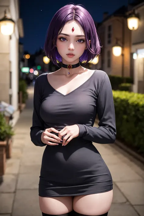 masterpiece, best quality, 1girl, solo, looking at viewer, breasts, <lora:ravdc-guy-v2:.95>, ravdc, (grey skin:1.2), colored skin, forehead jewel, thighhighs, long sleeves, jewelry, standing, short dress, choker, makeup, eyeshadow, gothic, night sky, outdo...