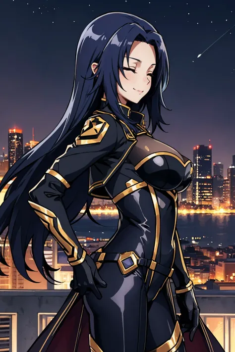 masterpiece, best quality,  <lora:gamma-nvwls-v1-000009:0.9> gamma, black bodysuit, bodystocking, black gloves, gold trim, (large breasts:0.8), black pants, hand on hip, from side, looking at viewer, closed eyes, floating hair, night sky, smile, rooftop, c...