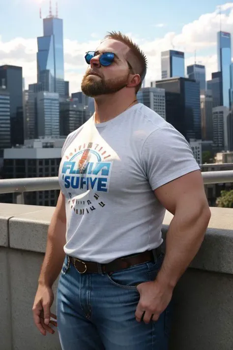 masterpiece, cinematic, fujifilm photo  of a 35year old man ((dashwilder)), tight white shirt, blue jeans, looking up on the sky, wearing sunglasses, cityscape background