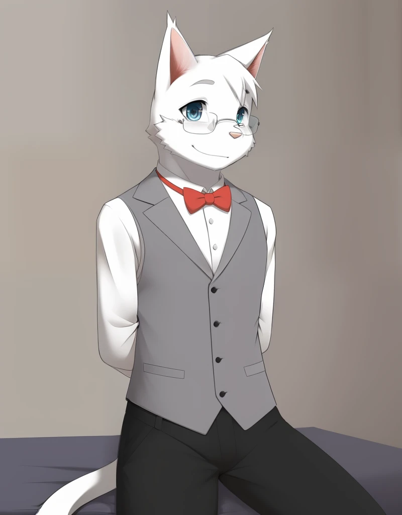 (((detailed eyes, detailed face))), (furry, tsukishiro <lora:character_tsukishiro_findigo_v1:0.9>, white skin, white hair, glasses, cat, aqua eyes), male, (solo), (plump), (grey vest, traditional bowtie, white shirt, black pants), sitting, (arms behind bac...