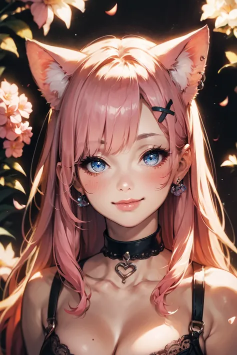 score_9, score_8_up, score_7_up, score_6_up, score_5_up, score_4_up, 1girl, solo, animal ears, hair ornament, blue eyes, long hair, pink hair, animal ear fluff, hairclip, looking at viewer, bangs, flower, cat ears, collar, collarbone, hair flower, portrait...