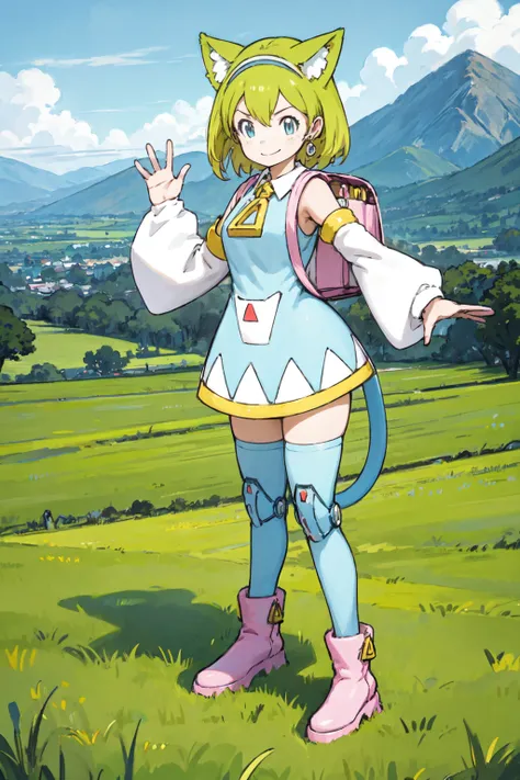 <lora:deltamon_locon_s2:0.8>
deltamon girl in landscape,  full-body, (active posing:1.3) (waving:1.2) smile