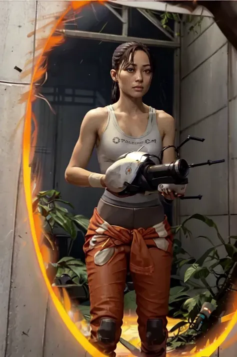 p2chell, 1girl, upper body, ponytail, white tank top, holding a portal gun, outdoor overgrown testing chamber falling apart , standing in front of orange portal <lora:Chell_Portal_2-000014:0.9>