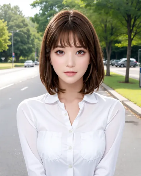 best quality, photorealistic, 8k, high res, full color, 1girl, woman, 20 years old woman, (closed mouth:1.43), (skindentation), trees, park bench, daylight, ((park background:1.52)), full color, ((white buttoned shirt:1.58)), looking at viewer:1.8, (1girl ...