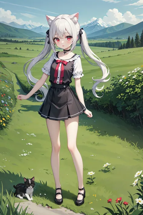 (((masterpiece))), best quality, illustration, 1girl with light white long hair, beautiful detailed red eyes, light white long straight hair, (cute), (petite), slim, solo, solo focus, standing, full body, cat ears, twintails, mini skirt, sky, grass, mounta...