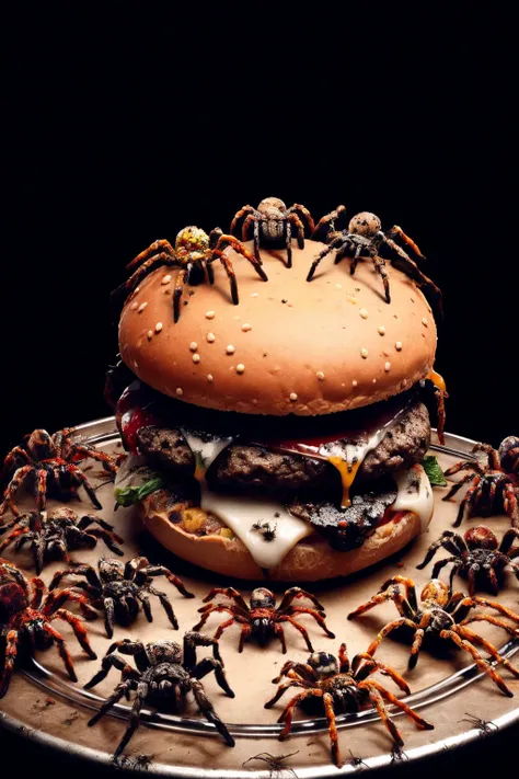 An ais-spiderz cheeseburger, on a dirty table, in a dirty late-night diner <lora:Spiders_Style_SD1.5:1>