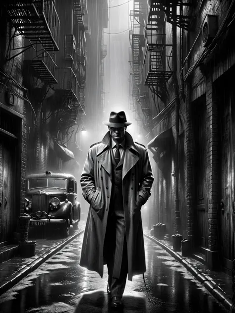 man in trenchcoat and fedor in dirty alley, rain, fog, 1940, detective noir <lora:Sin_City_Movie_Style_SDXL:1> mad-sincity, (masterpiece:1.2), best quality, (hyperdetailed, highest detailed:1.2), high resolution textures