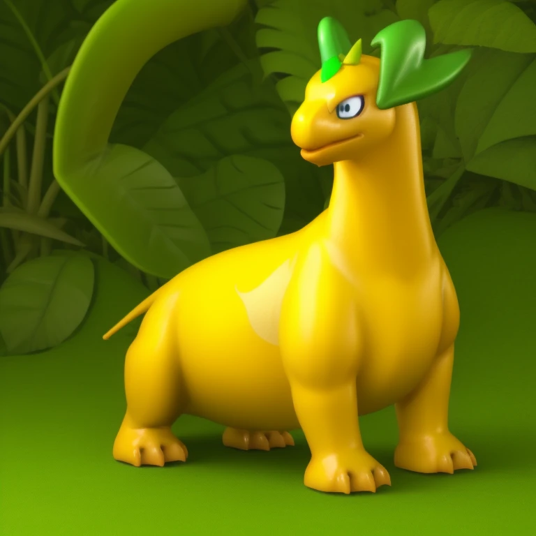 <lora:pal:0.65> style of palworld, solo, A yellow dinosaur with green leaves on its head.